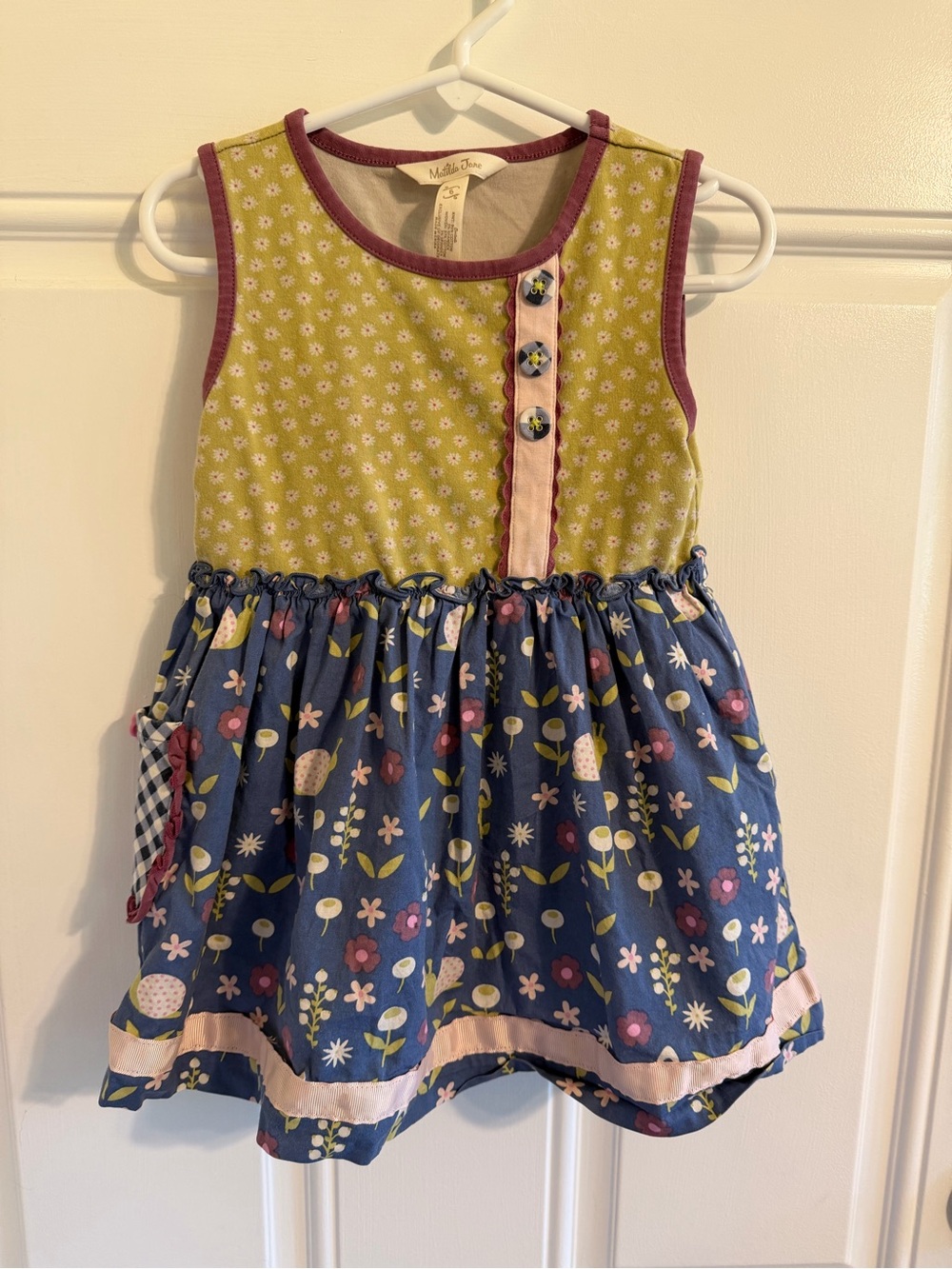 G64. Matilda Jane Olive Green & Navy Floral Sleeveless Dress with Pink Trim (6)